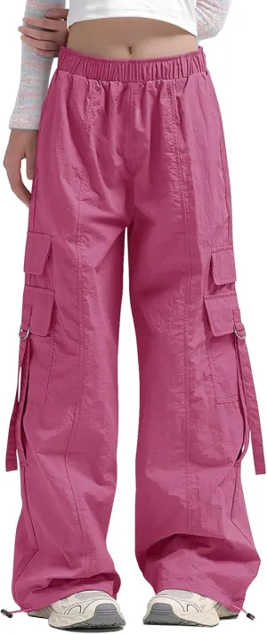 Haloumoning Girls Parachute Pants Kids Wide Leg Cargo Pants Y2K Street Trousers with Pockets 5-14 Years