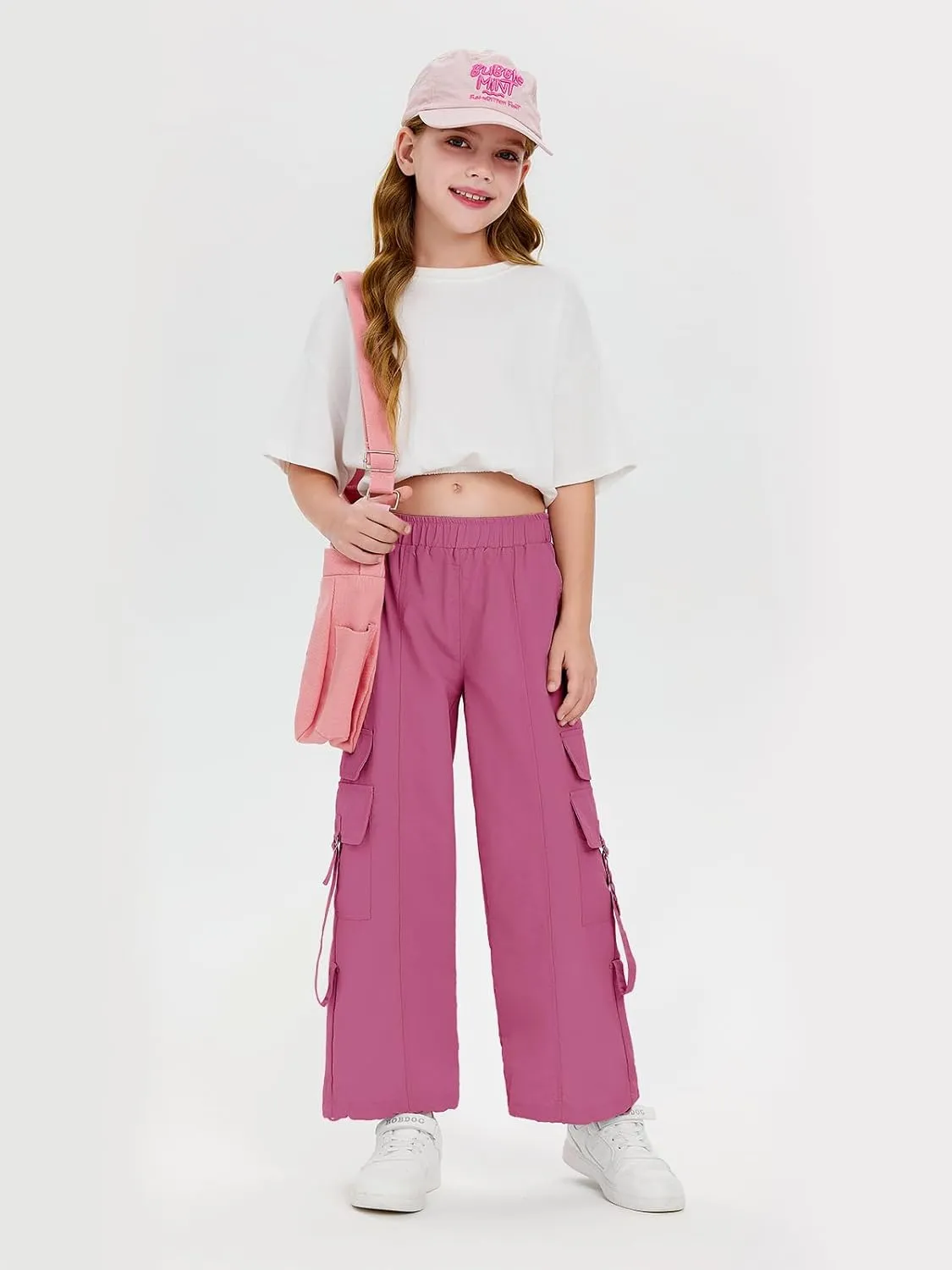 Haloumoning Girls Parachute Pants Kids Wide Leg Cargo Pants Y2K Street Trousers with Pockets 5-14 Years