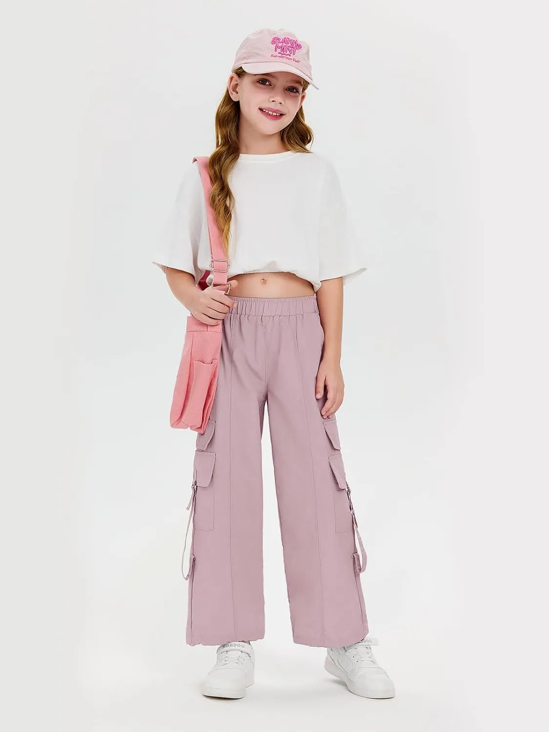 Haloumoning Girls Parachute Pants Kids Wide Leg Cargo Pants Y2K Street Trousers with Pockets 5-14 Years