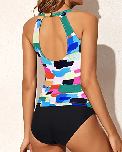 Halter Neckline Top & Full Coverage Bottom Two Piece Tankini Swim Suit-Aqua
