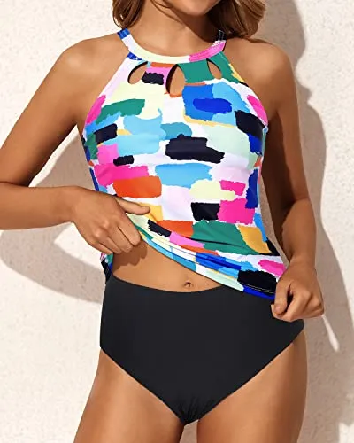 Halter Neckline Top & Full Coverage Bottom Two Piece Tankini Swim Suit-Aqua