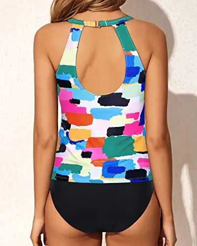 Halter Neckline Top & Full Coverage Bottom Two Piece Tankini Swim Suit-Aqua