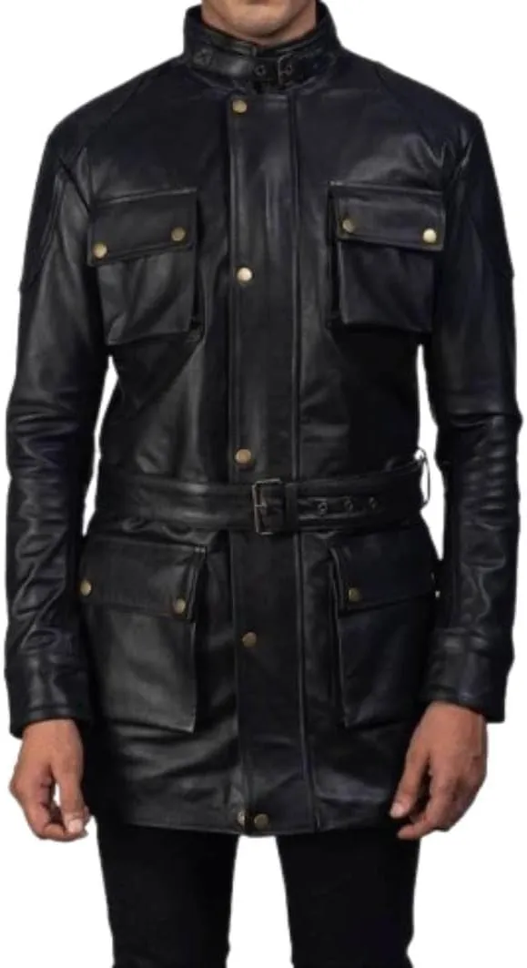 H&D Clothing Men's Black Leather Field Coat with Pockets and Belt US Army Leather Field Jacket Military M-65 4 pockets Coat