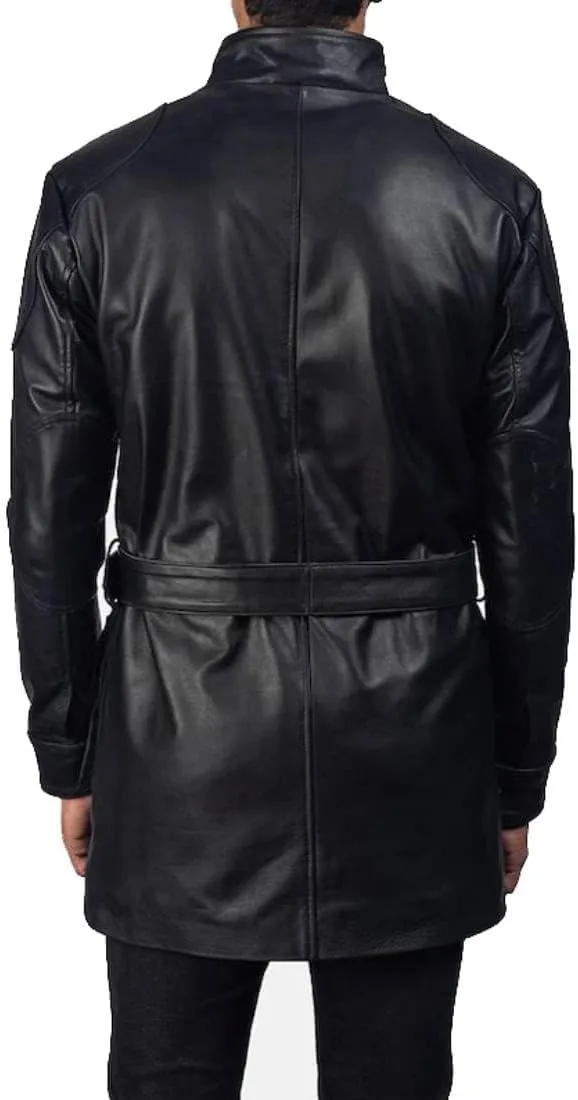 H&D Clothing Men's Black Leather Field Coat with Pockets and Belt US Army Leather Field Jacket Military M-65 4 pockets Coat
