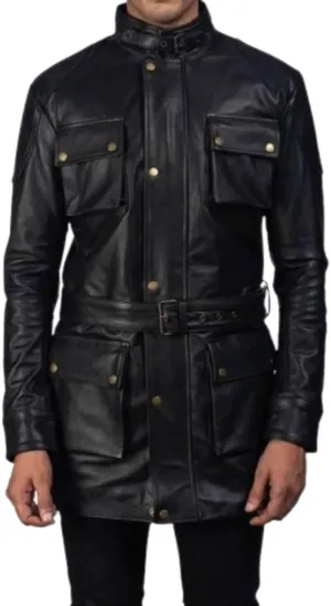 H&D Clothing Men's Black Leather Field Coat with Pockets and Belt US Army Leather Field Jacket Military M-65 4 pockets Coat