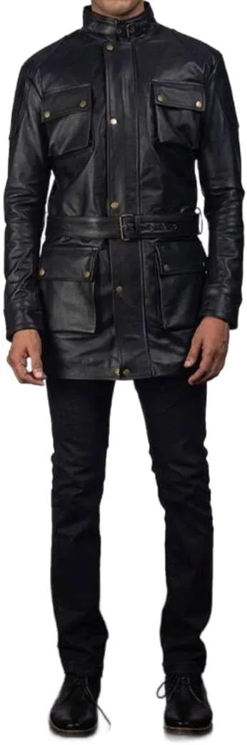 H&D Clothing Men's Black Leather Field Coat with Pockets and Belt US Army Leather Field Jacket Military M-65 4 pockets Coat