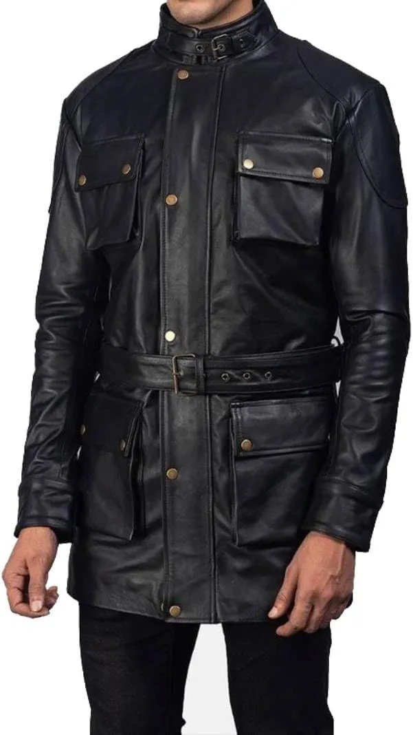 H&D Clothing Men's Black Leather Field Coat with Pockets and Belt US Army Leather Field Jacket Military M-65 4 pockets Coat