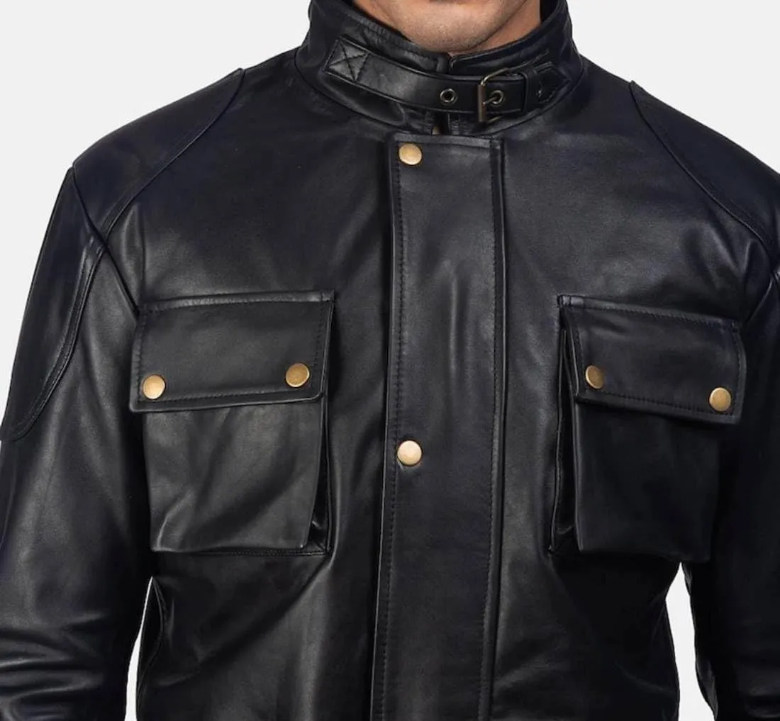H&D Clothing Men's Black Leather Field Coat with Pockets and Belt US Army Leather Field Jacket Military M-65 4 pockets Coat