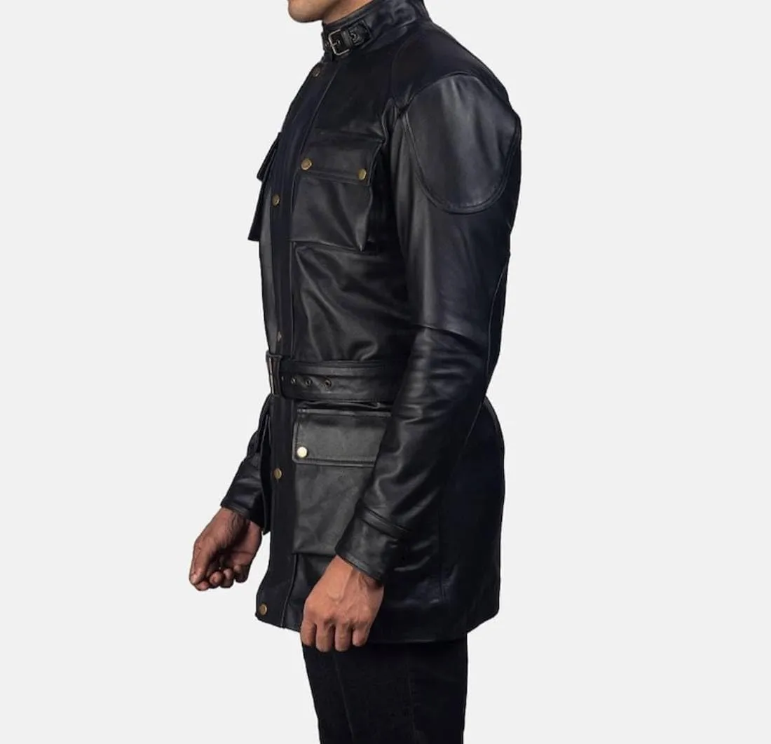 H&D Clothing Men's Black Leather Field Coat with Pockets and Belt US Army Leather Field Jacket Military M-65 4 pockets Coat