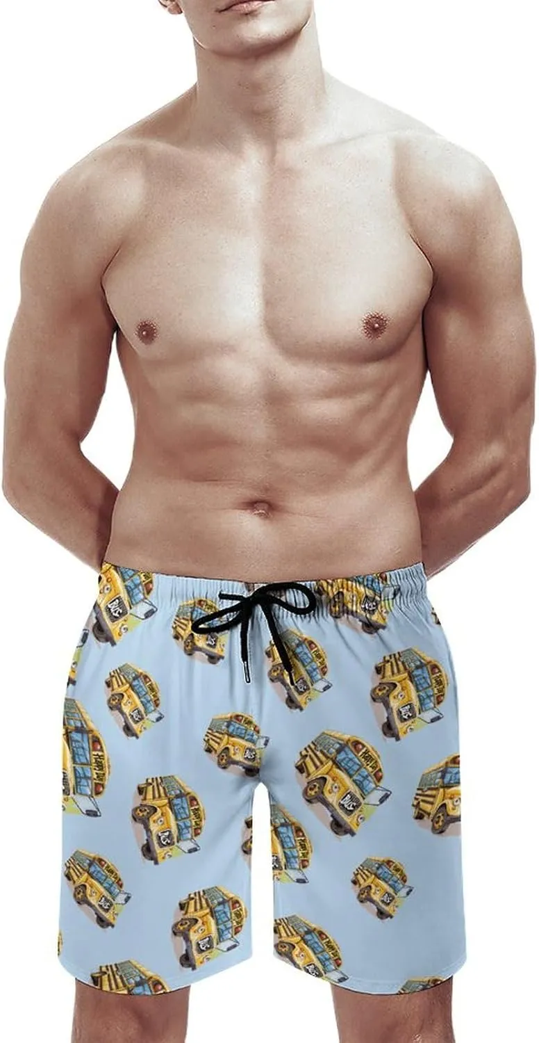 Happy Day School Bus Men's Swim Trunks Quick Dry Board Shorts Breathable Summer Beach Shorts Bathing Suits