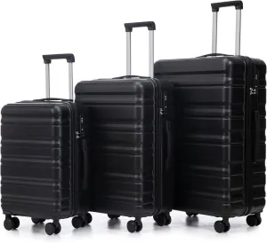 Hardshell Luggage Set of 3, 20/24/28 Inch Spinner Suitcases, Black, TSA Lock, 360 Wheels