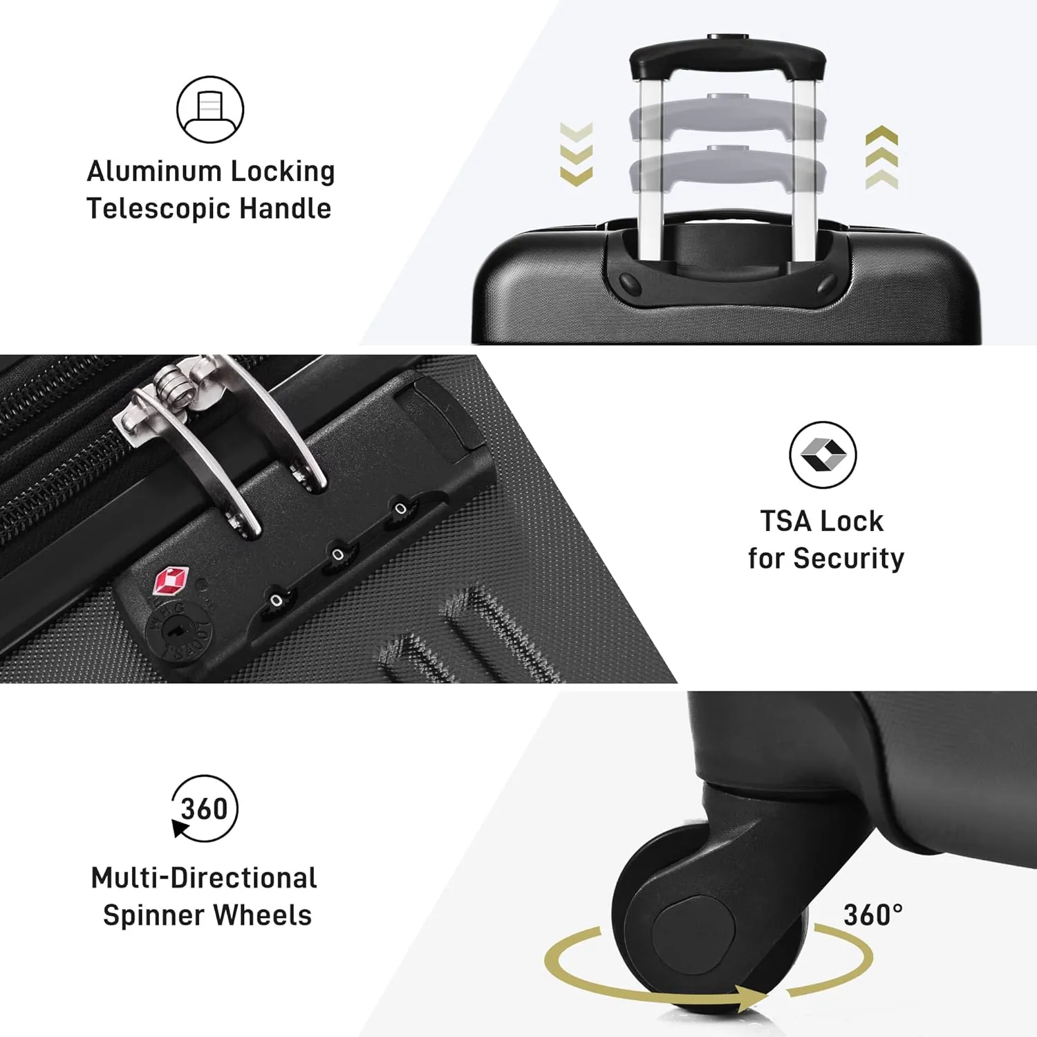Hardshell Luggage Sets 3 Pcs Spinner Suitcase, 20'', 24'', 28'', Lightweight, TSA Lock (Black)