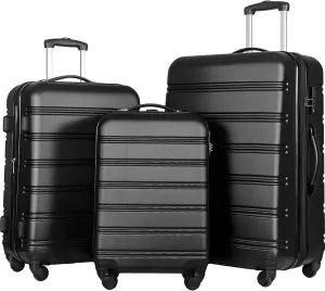 Hardshell Luggage Sets 3 Pcs Spinner Suitcase, 20'', 24'', 28'', Lightweight, TSA Lock (Black)
