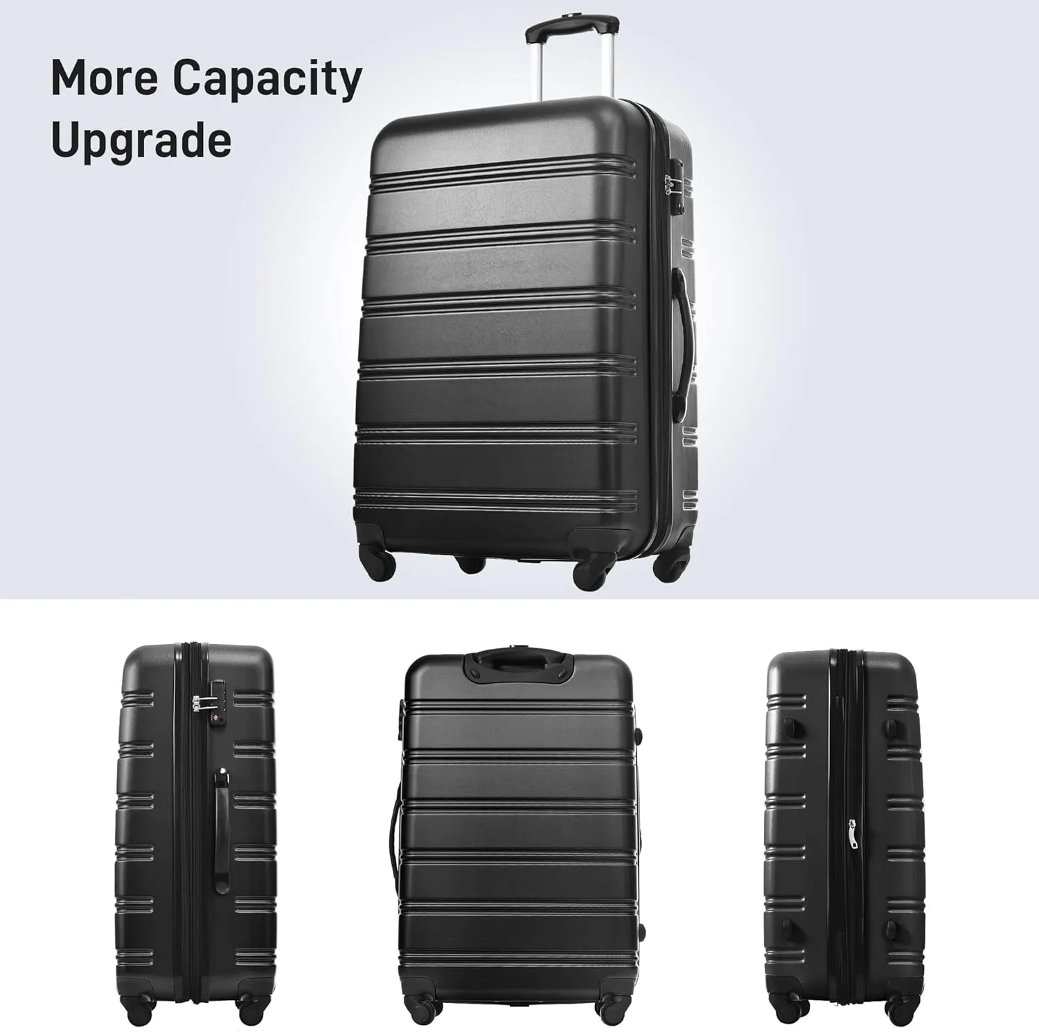 Hardshell Luggage Sets 3 Pcs Spinner Suitcase, 20'', 24'', 28'', Lightweight, TSA Lock (Black)
