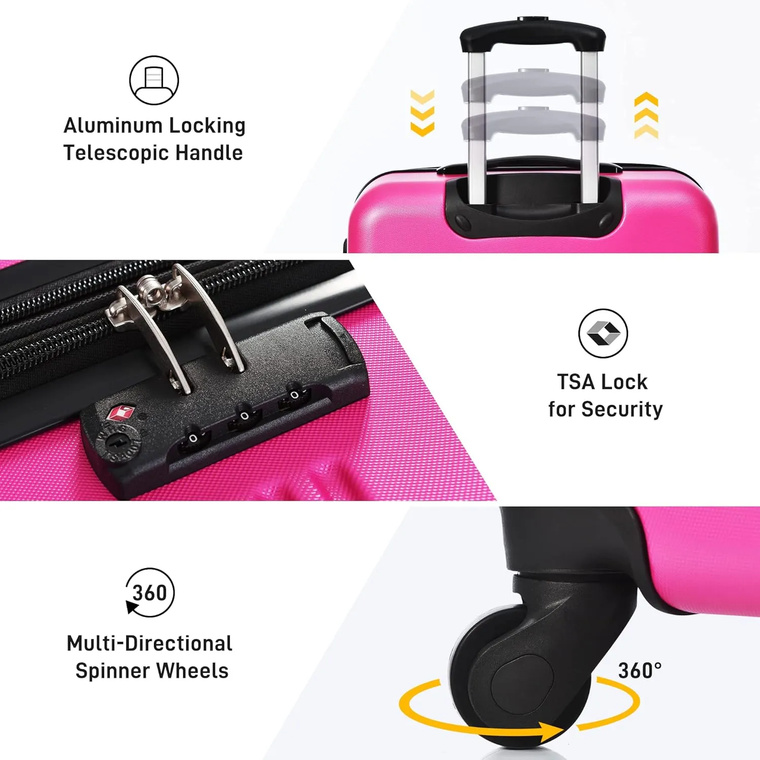 Hardshell Luggage Sets 3 Pcs Spinner Suitcase, 20'', 24'', 28'', Lightweight, TSA Lock (Rose red)