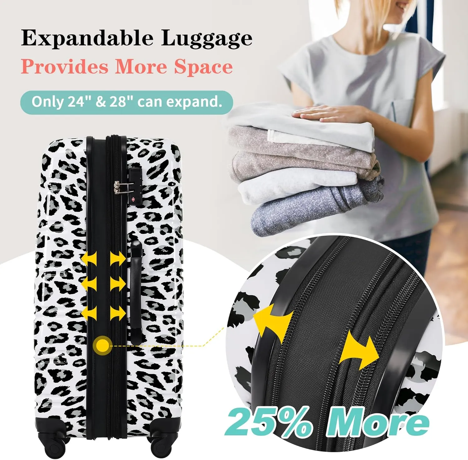 Hardshell Luggage Sets 3 Pcs Spinner Suitcase, 20'', 24'', 28'', Lightweight, TSA Lock (White)