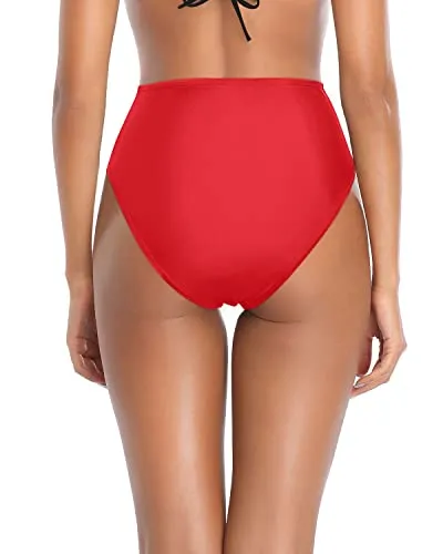 High Waisted Bikini Bottoms Tummy Control Swim Bottoms-Red
