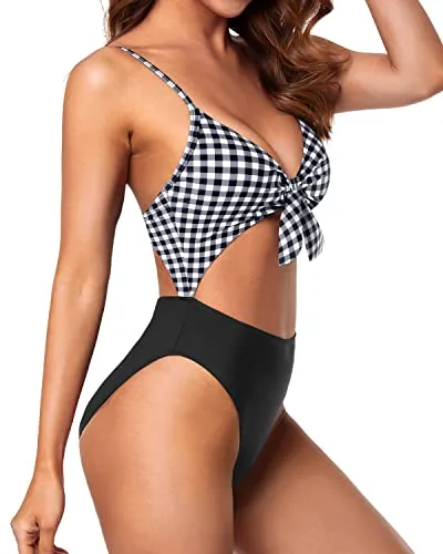 High Waisted Tummy Control Sexy One Piece Swimsuits-Black And White Checkered