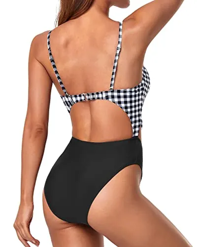 High Waisted Tummy Control Sexy One Piece Swimsuits-Black And White Checkered