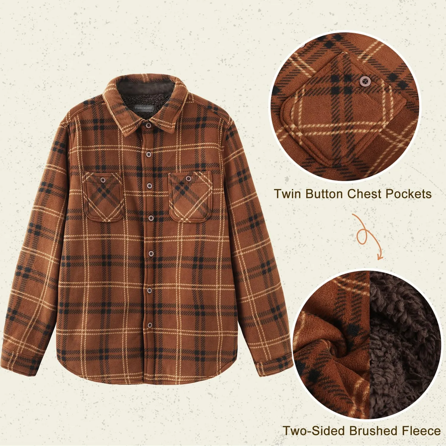 HODOSPORTS Plaid Heavyweight Mens Flannel Jacket Sherpa Lined Thick Fleece Flannel Shirts Long Sleeve Bottom Down