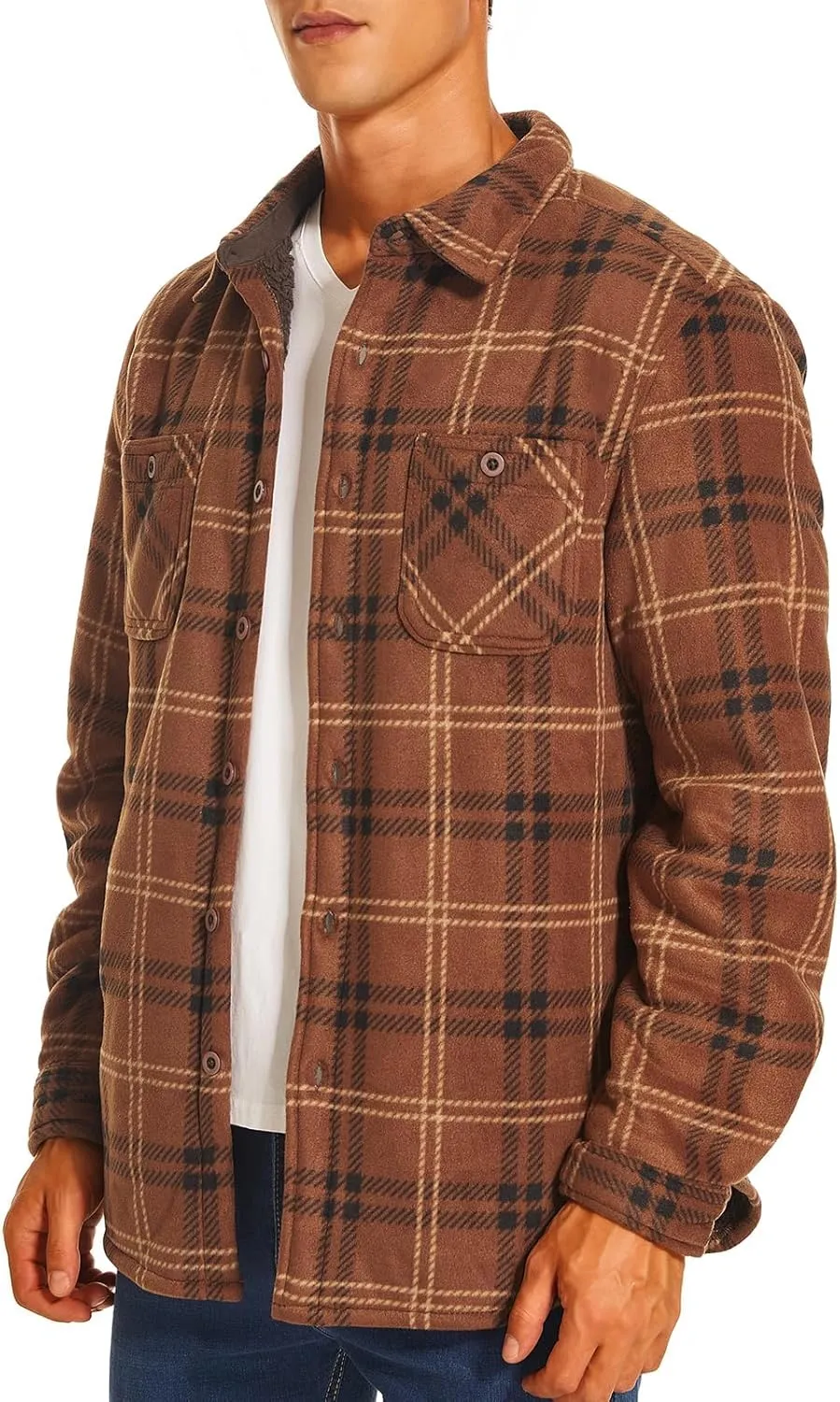 HODOSPORTS Plaid Heavyweight Mens Flannel Jacket Sherpa Lined Thick Fleece Flannel Shirts Long Sleeve Bottom Down