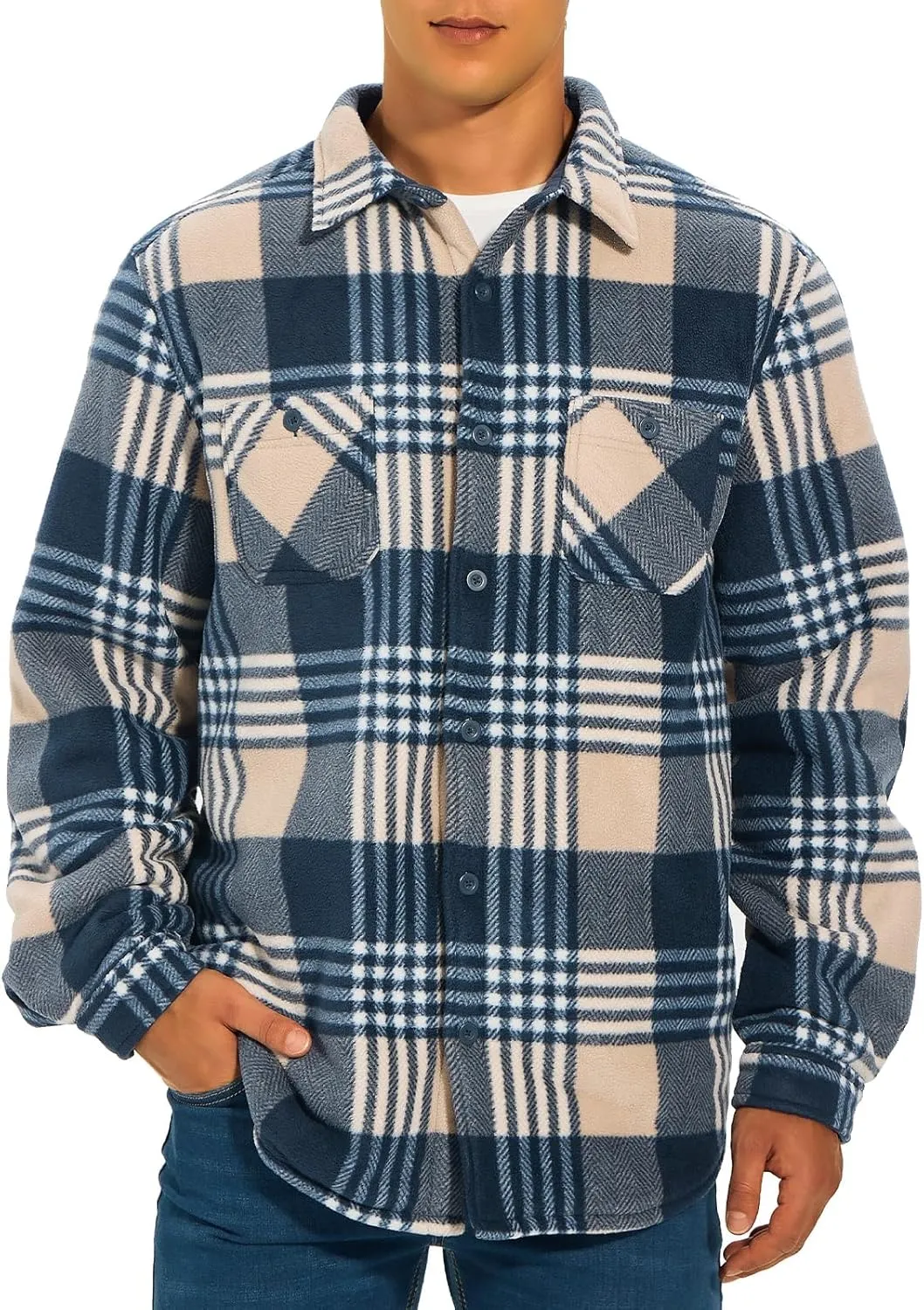 HODOSPORTS Plaid Heavyweight Mens Flannel Jacket Sherpa Lined Thick Fleece Flannel Shirts Long Sleeve Bottom Down