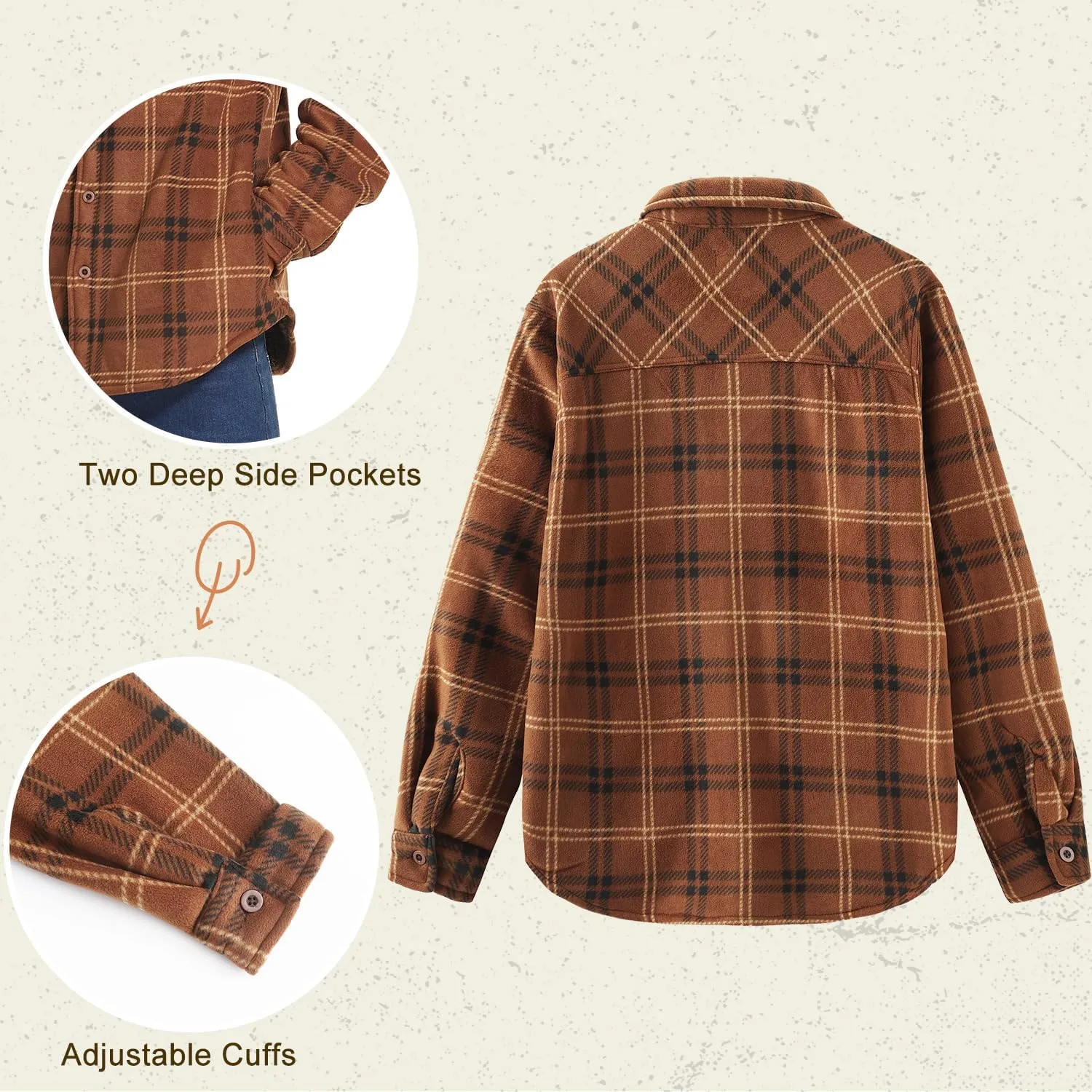 HODOSPORTS Plaid Heavyweight Mens Flannel Jacket Sherpa Lined Thick Fleece Flannel Shirts Long Sleeve Bottom Down