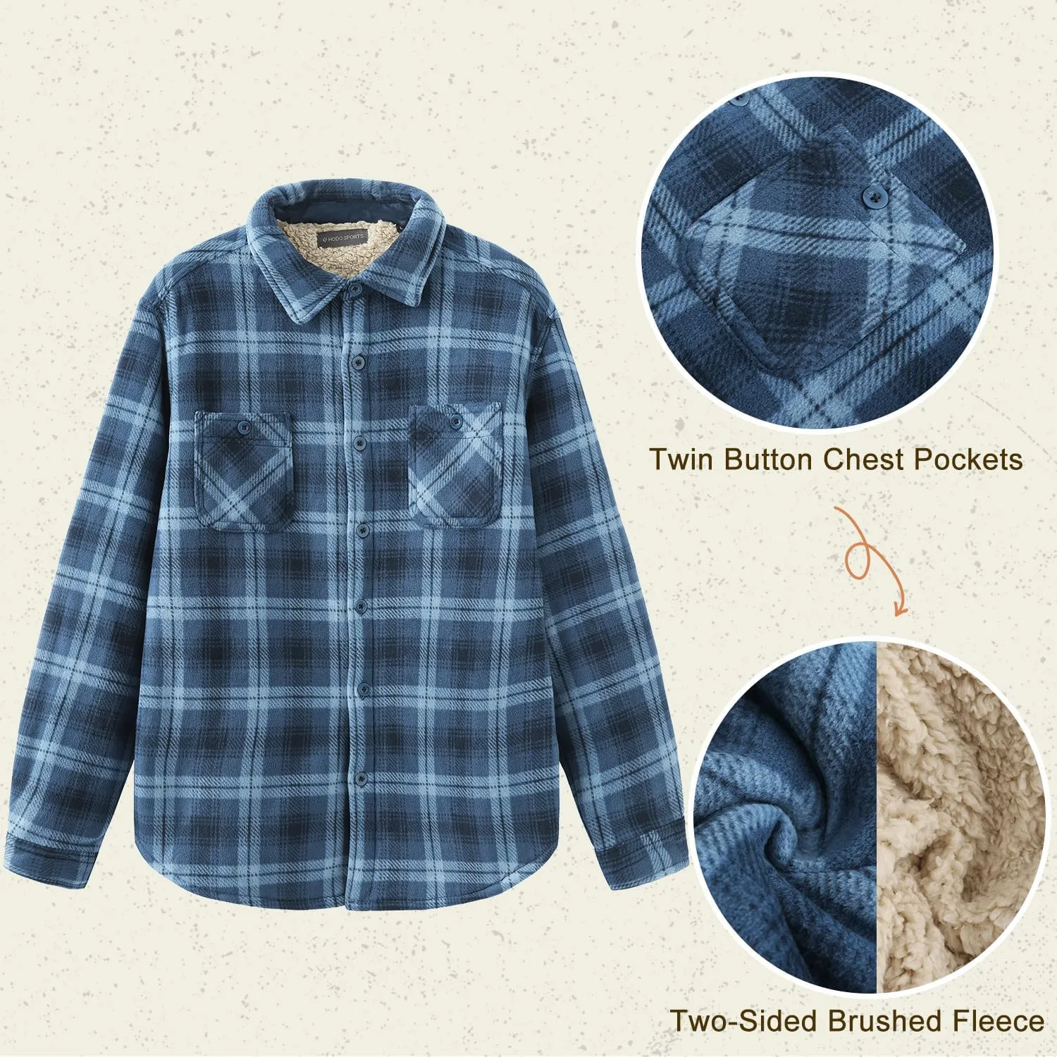 HODOSPORTS Plaid Heavyweight Mens Flannel Jacket Sherpa Lined Thick Fleece Flannel Shirts Long Sleeve Bottom Down