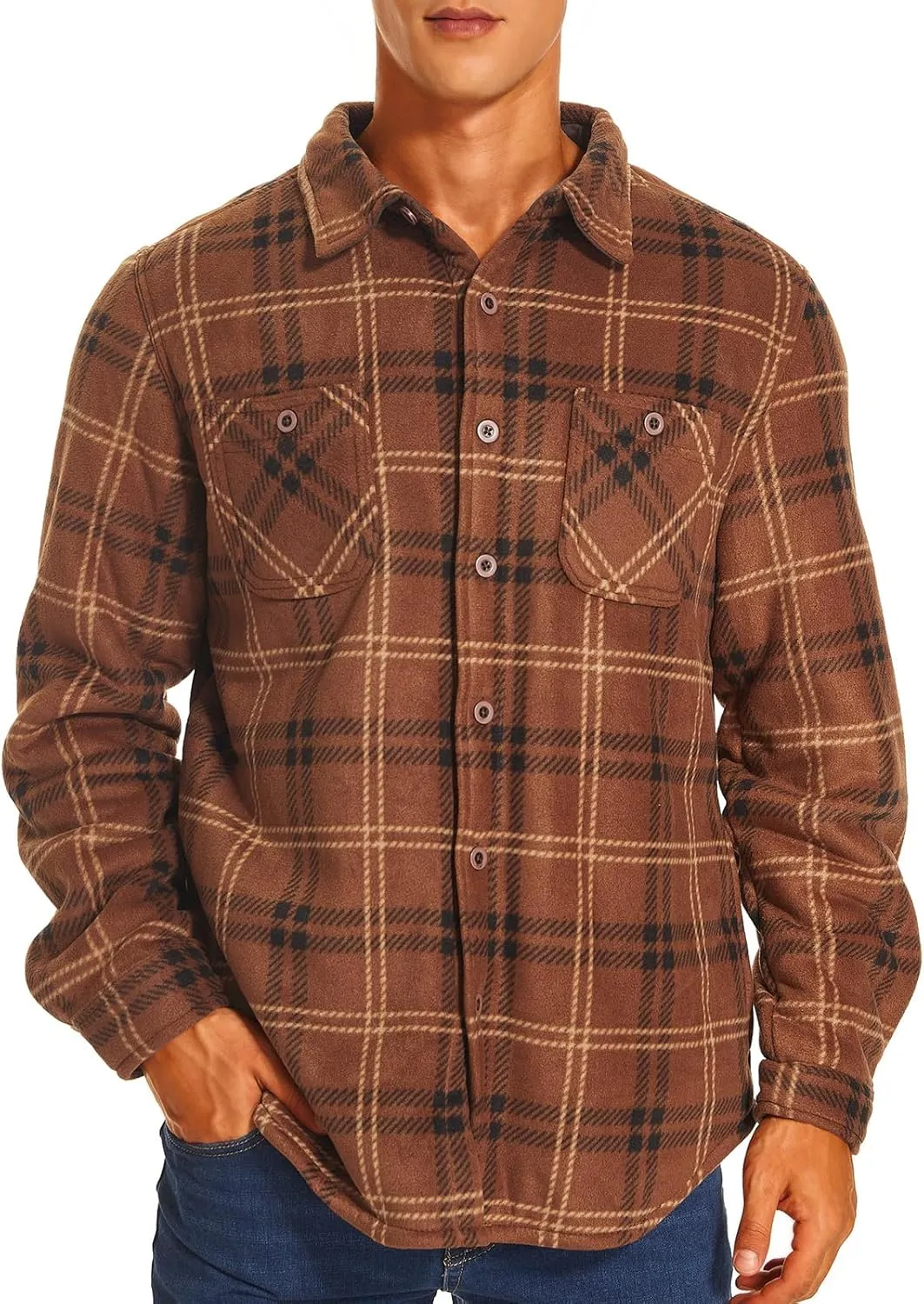 HODOSPORTS Plaid Heavyweight Mens Flannel Jacket Sherpa Lined Thick Fleece Flannel Shirts Long Sleeve Bottom Down