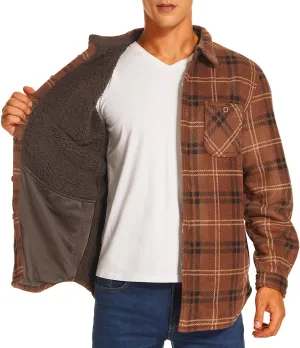 HODOSPORTS Plaid Heavyweight Mens Flannel Jacket Sherpa Lined Thick Fleece Flannel Shirts Long Sleeve Bottom Down