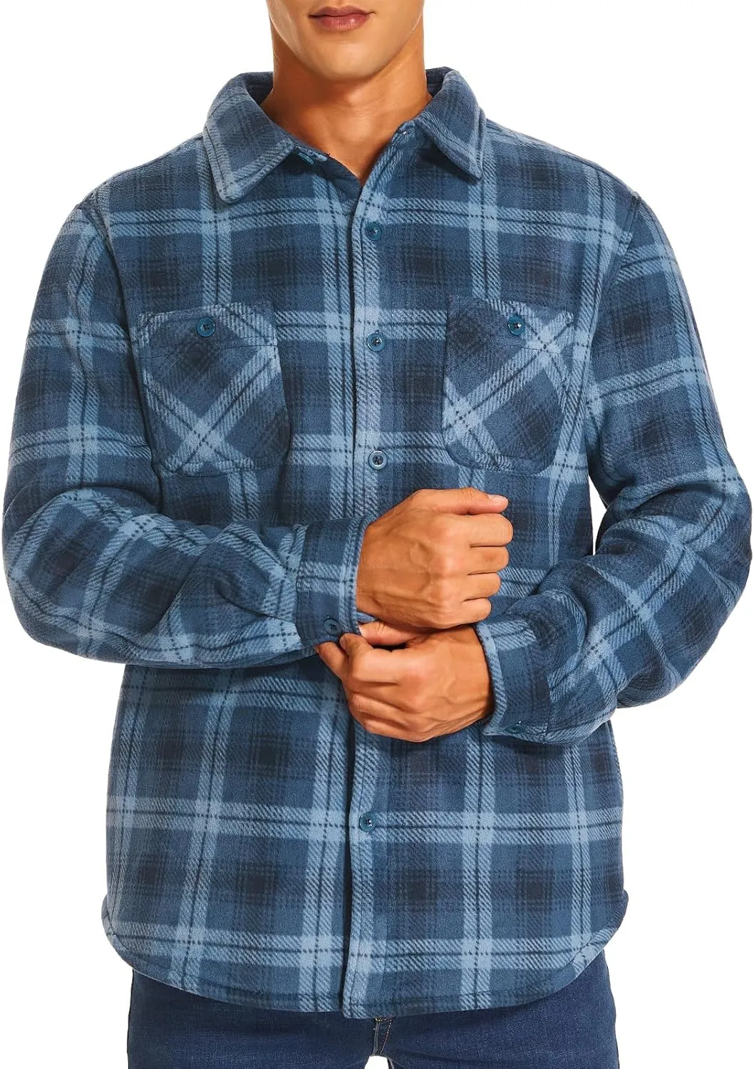 HODOSPORTS Plaid Heavyweight Mens Flannel Jacket Sherpa Lined Thick Fleece Flannel Shirts Long Sleeve Bottom Down