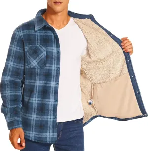 HODOSPORTS Plaid Heavyweight Mens Flannel Jacket Sherpa Lined Thick Fleece Flannel Shirts Long Sleeve Bottom Down