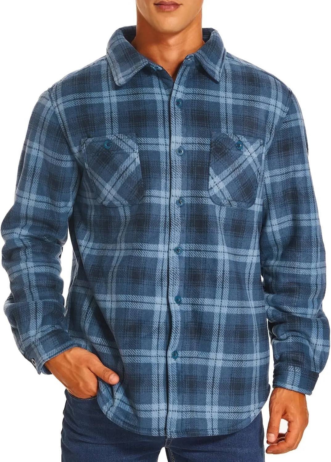 HODOSPORTS Plaid Heavyweight Mens Flannel Jacket Sherpa Lined Thick Fleece Flannel Shirts Long Sleeve Bottom Down