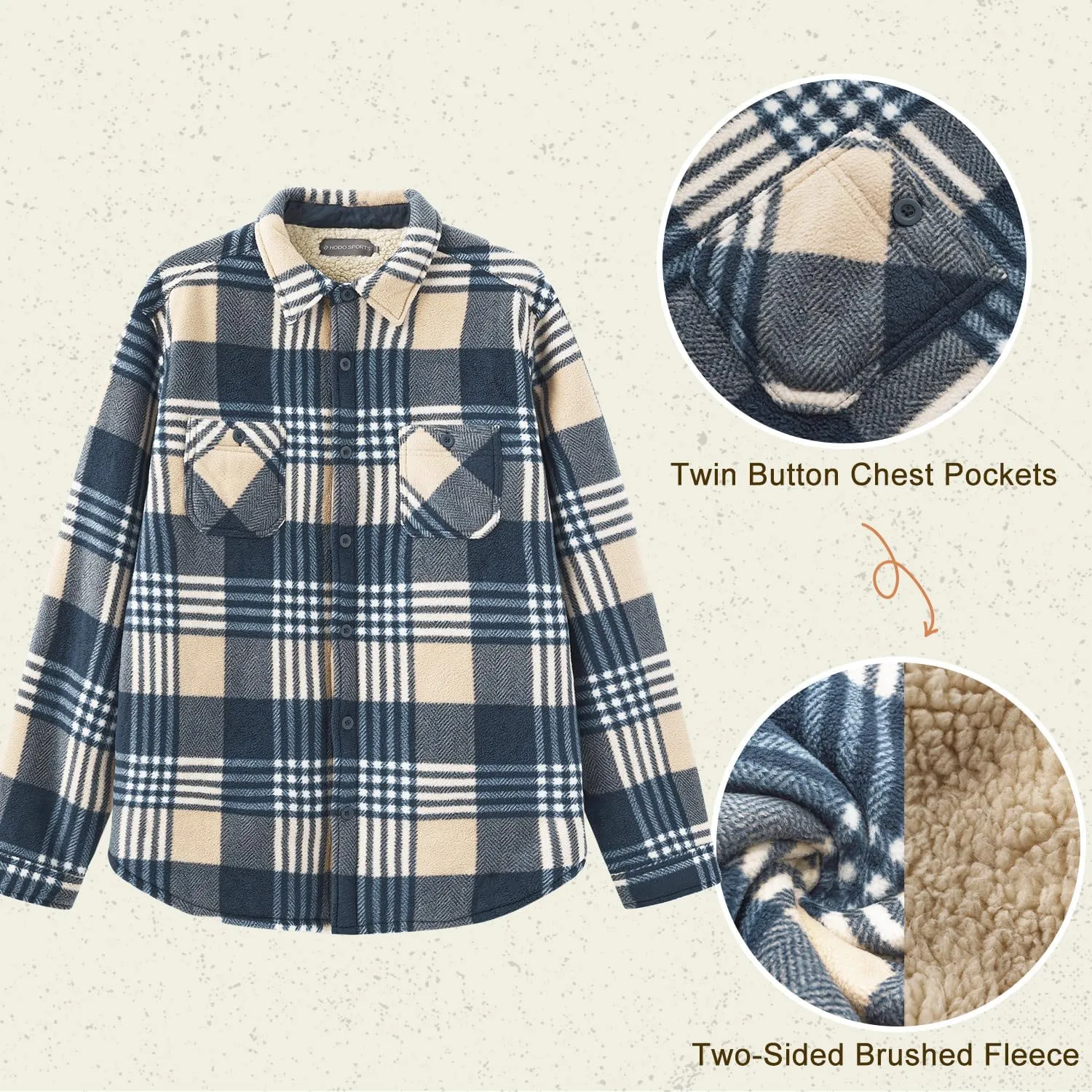 HODOSPORTS Plaid Heavyweight Mens Flannel Jacket Sherpa Lined Thick Fleece Flannel Shirts Long Sleeve Bottom Down