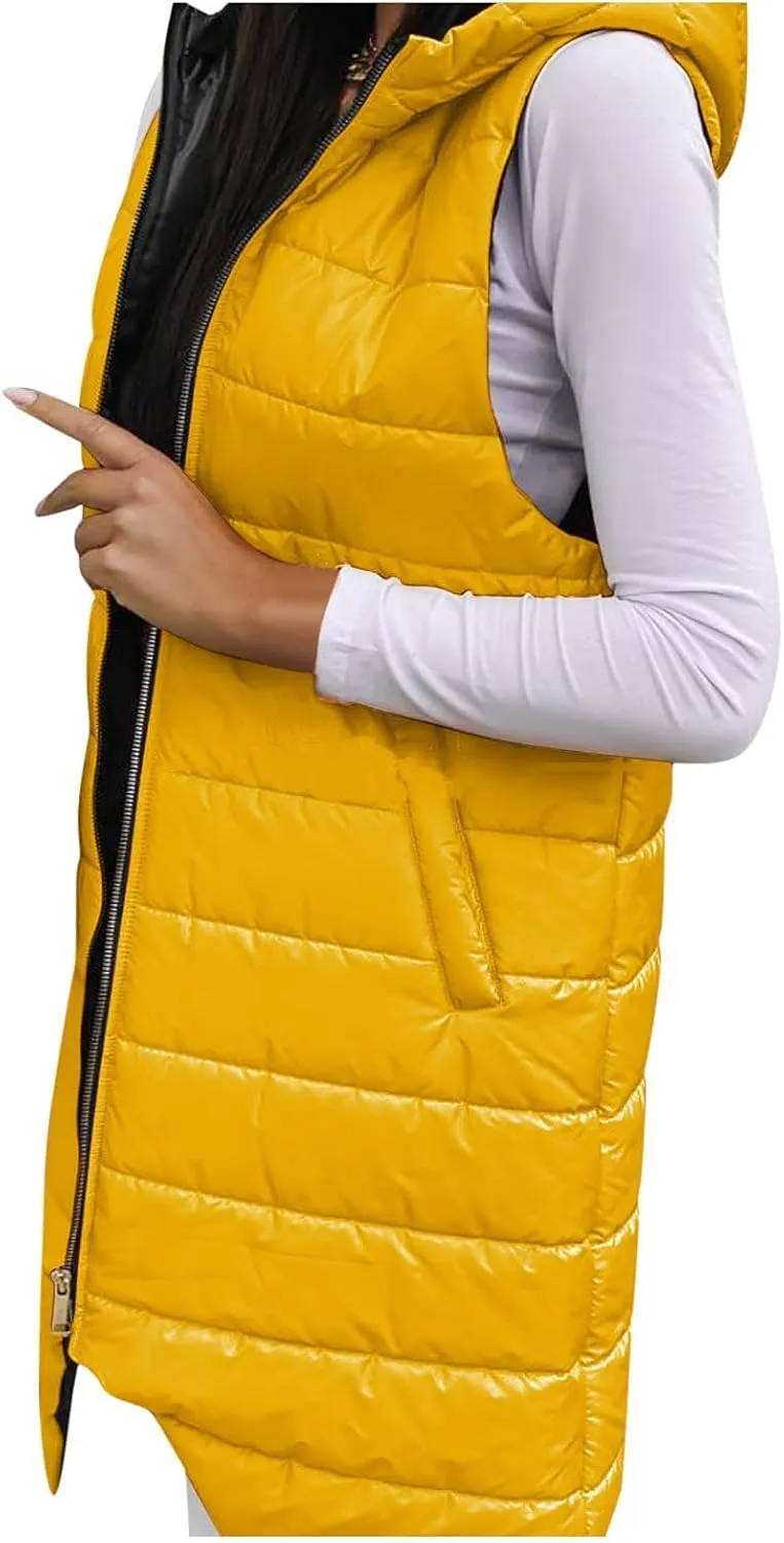 Hooded Puffer Vest For Women Down Jacket Coat Casual Fashion Winter Cotton Padded Long Waistcoat