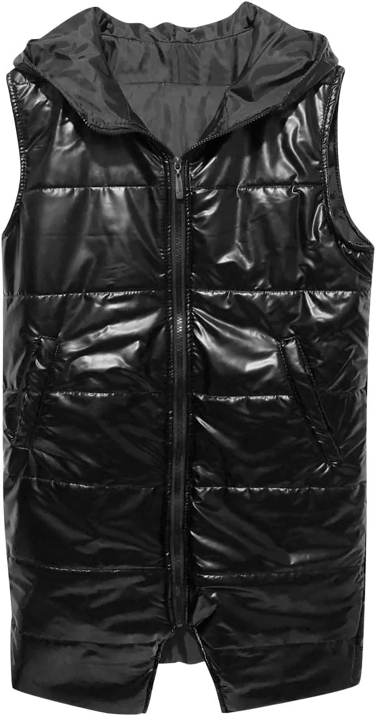 Hooded Puffer Vest For Women Down Jacket Coat Casual Fashion Winter Cotton Padded Long Waistcoat