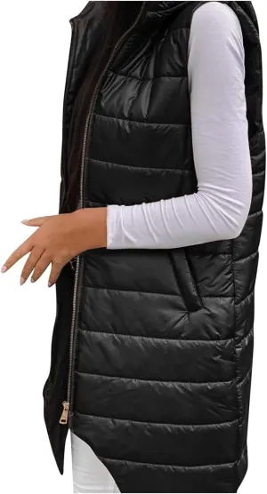 Hooded Puffer Vest For Women Down Jacket Coat Casual Fashion Winter Cotton Padded Long Waistcoat
