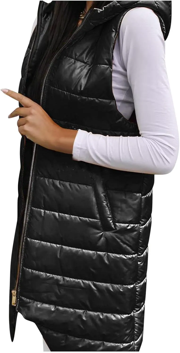 Hooded Puffer Vest For Women Down Jacket Coat Casual Fashion Winter Cotton Padded Long Waistcoat