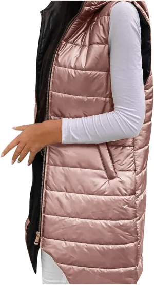 Hooded Puffer Vest For Women Down Jacket Coat Casual Fashion Winter Cotton Padded Long Waistcoat
