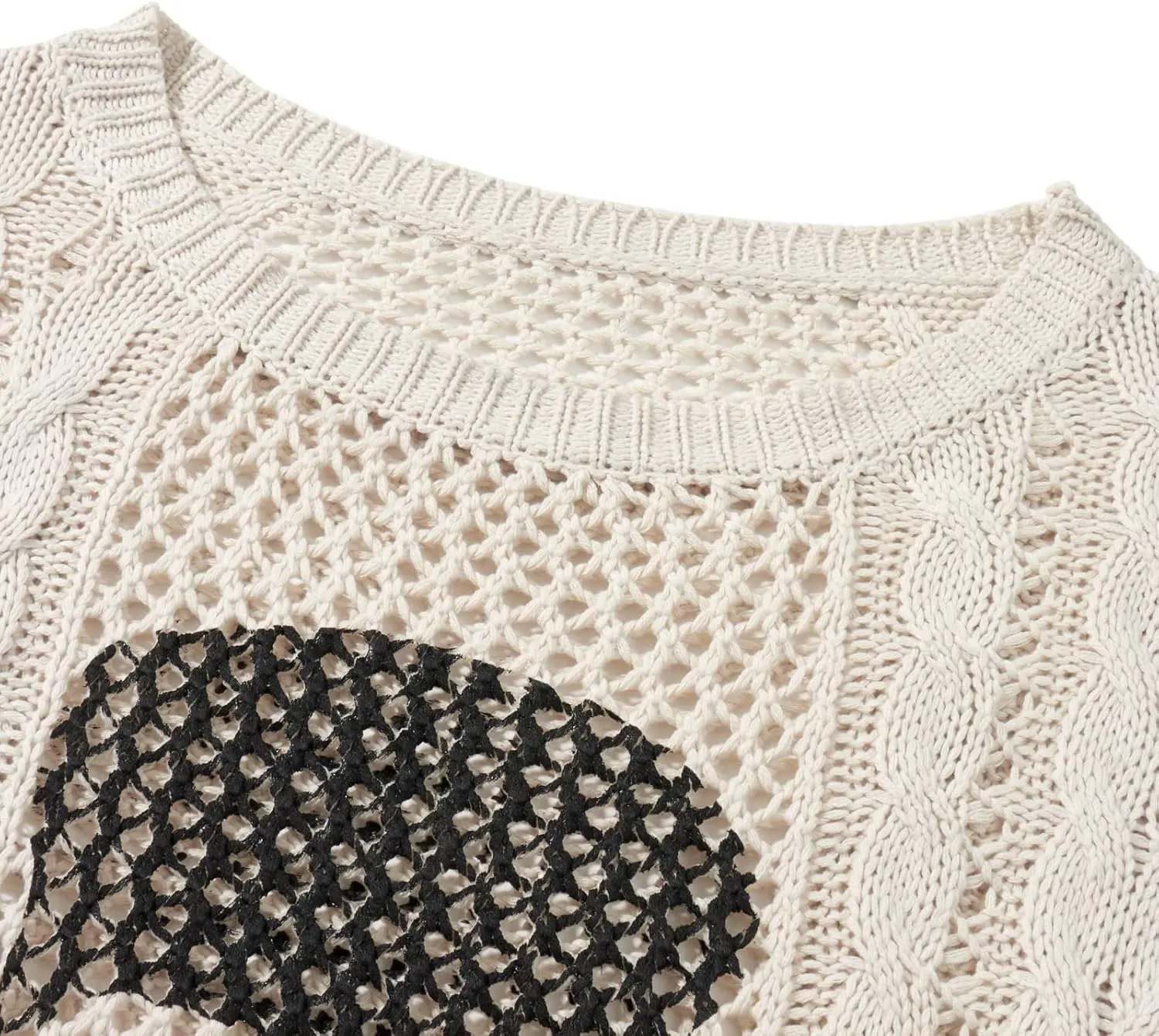 HOXIJIA Women Long Sleeve Sweaters Hollow Out Loose Round Neck Off Shoulder Crochet Cutout Fishnet Pullover Knitwear