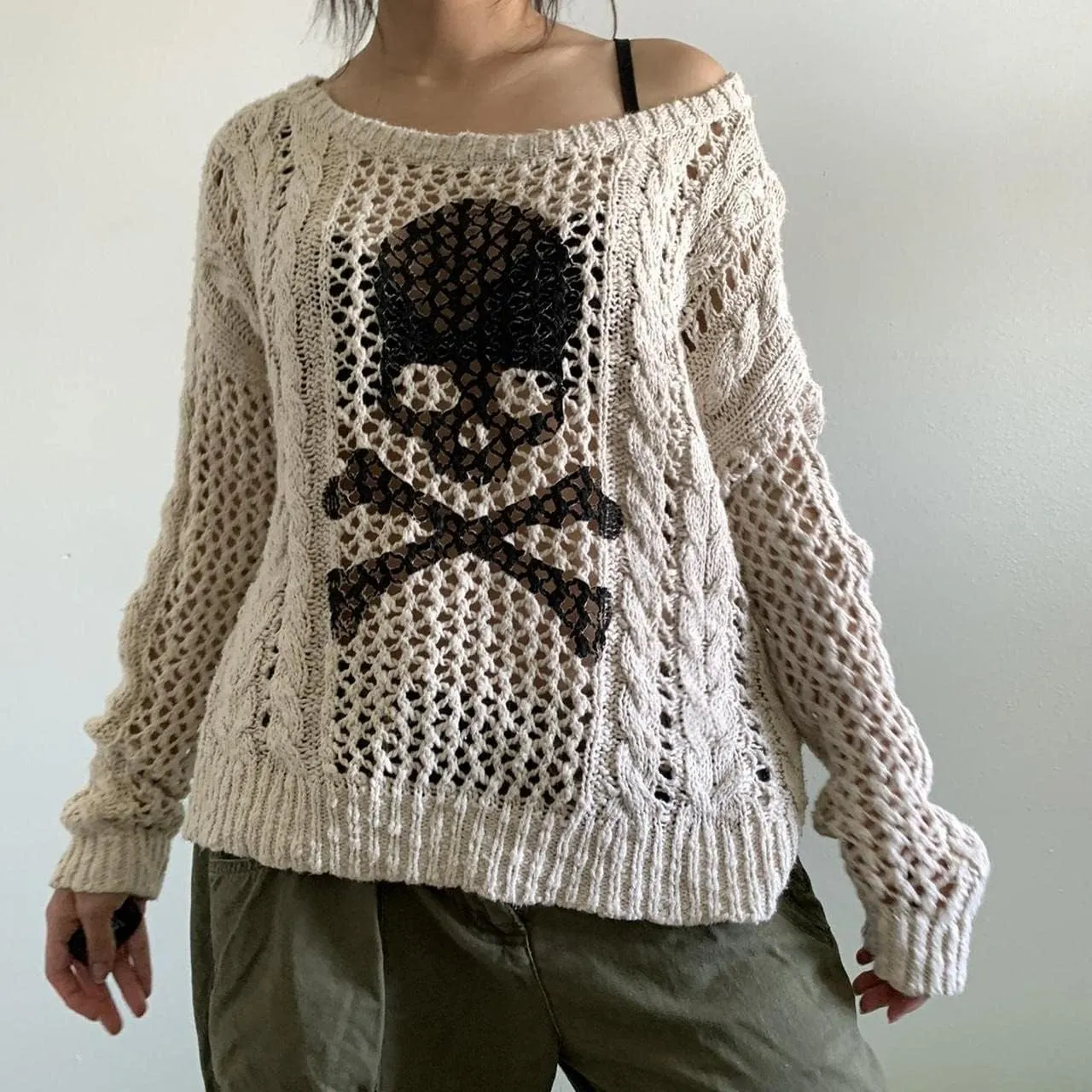 HOXIJIA Women Long Sleeve Sweaters Hollow Out Loose Round Neck Off Shoulder Crochet Cutout Fishnet Pullover Knitwear