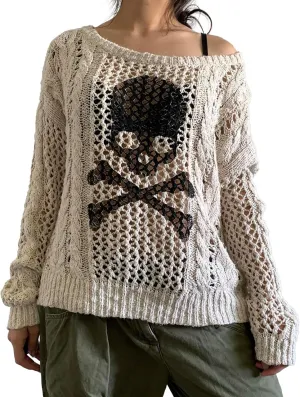 HOXIJIA Women Long Sleeve Sweaters Hollow Out Loose Round Neck Off Shoulder Crochet Cutout Fishnet Pullover Knitwear