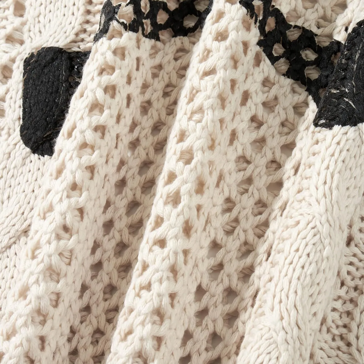 HOXIJIA Women Long Sleeve Sweaters Hollow Out Loose Round Neck Off Shoulder Crochet Cutout Fishnet Pullover Knitwear