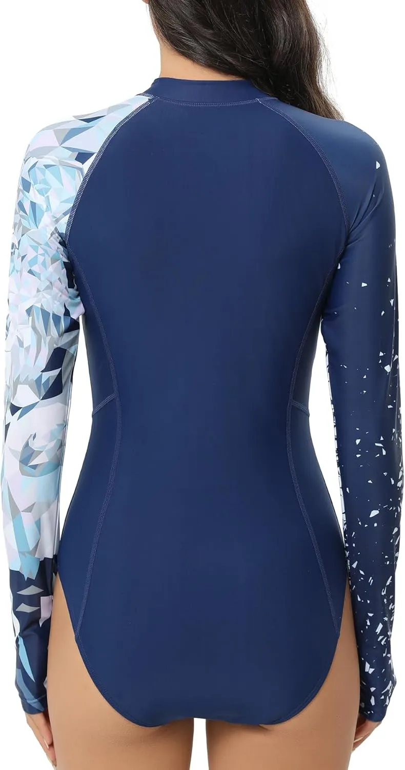 HUGE SPORTS Women's One Piece Swimsuits Long Sleeve Rash Guard Shirts Swim Bathing Suit with Padding
