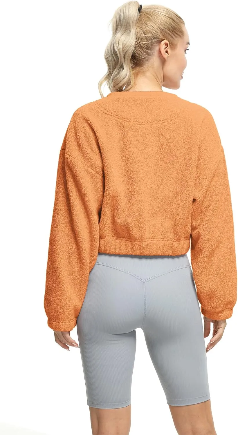 icyzone Women's Oversized Sherpa Fleece Crewneck Sweatshirt, Cropped Drop Shoulder Fuzzy Pullover