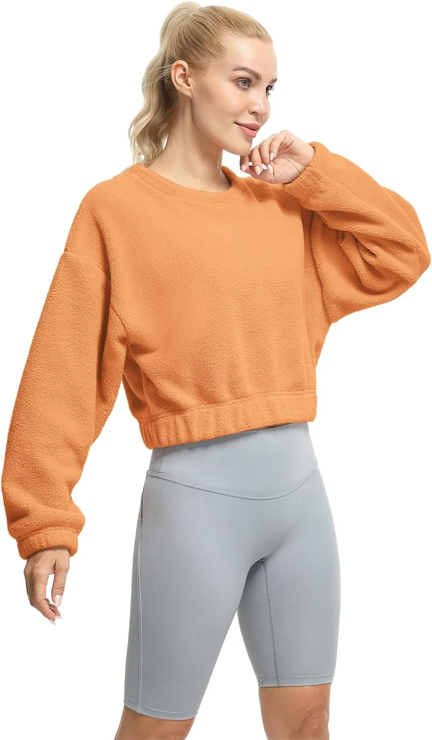 icyzone Women's Oversized Sherpa Fleece Crewneck Sweatshirt, Cropped Drop Shoulder Fuzzy Pullover