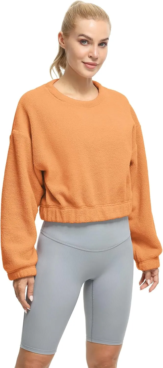 icyzone Women's Oversized Sherpa Fleece Crewneck Sweatshirt, Cropped Drop Shoulder Fuzzy Pullover