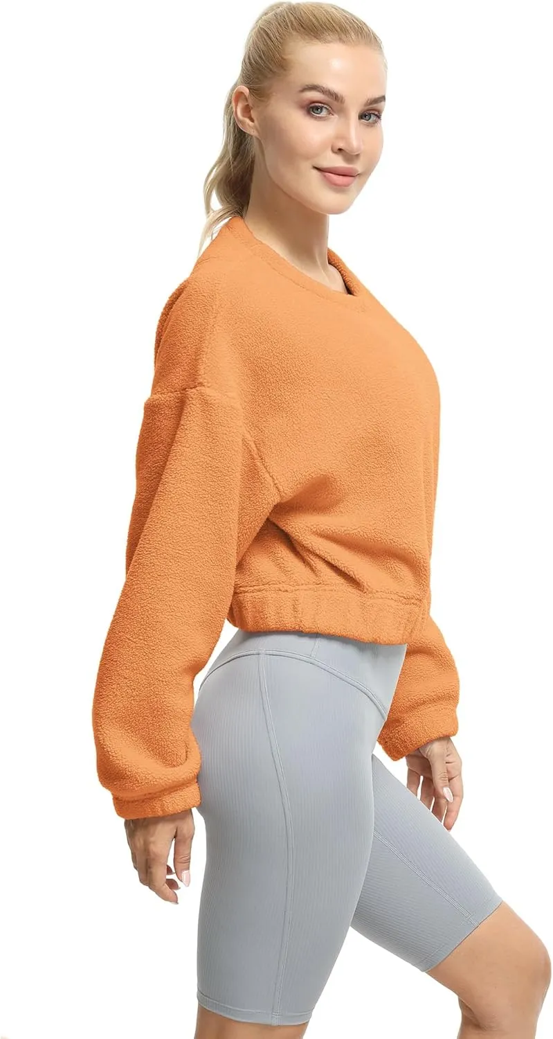 icyzone Women's Oversized Sherpa Fleece Crewneck Sweatshirt, Cropped Drop Shoulder Fuzzy Pullover