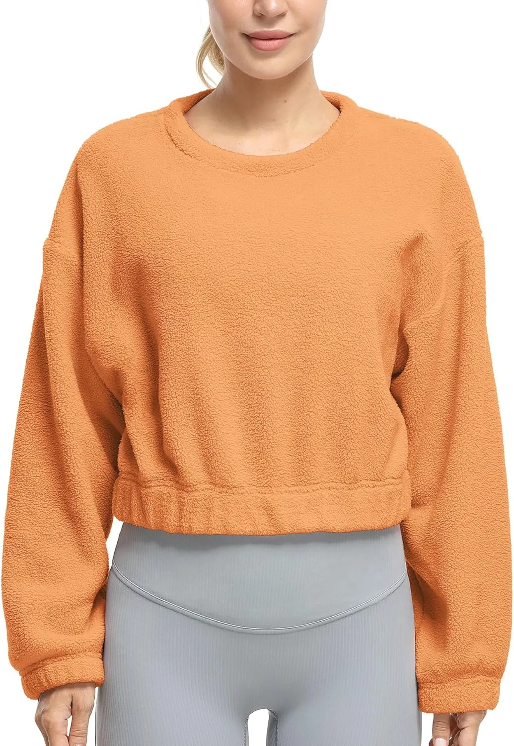 icyzone Women's Oversized Sherpa Fleece Crewneck Sweatshirt, Cropped Drop Shoulder Fuzzy Pullover