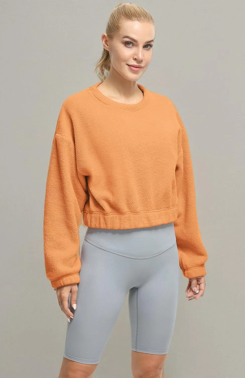 icyzone Women's Oversized Sherpa Fleece Crewneck Sweatshirt, Cropped Drop Shoulder Fuzzy Pullover
